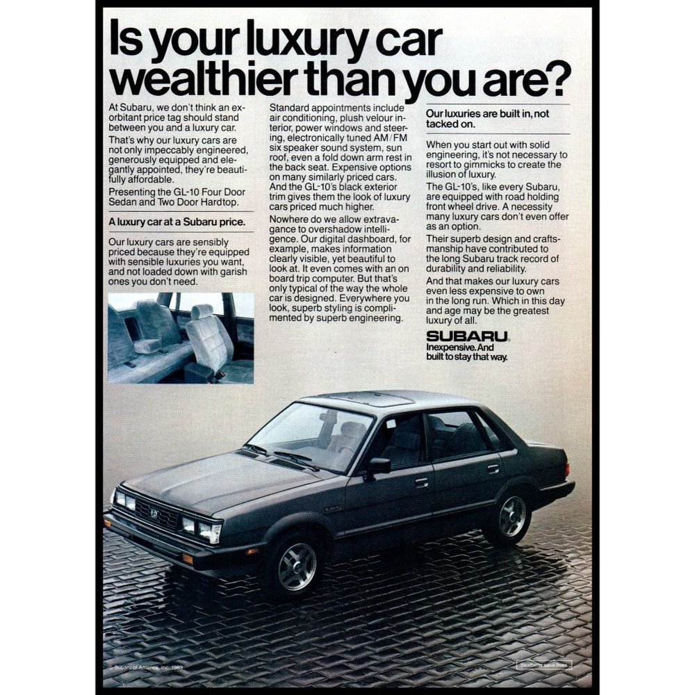 1984 Subaru GL-10 4 Door Sedan Vintage Print Ad Cobblestone Driveway Wall Art
